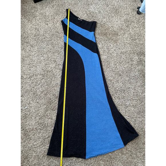 Vintage Water Signs Blue Black One Shoulder Sparkly Formal Maxi Dress Gown M - Picture 12 of 16